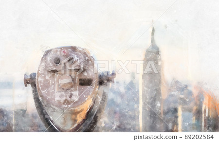 Watercolor painting illustration of Panorama with Binoculars looking at skyline in midtown Manhattan, New York City, USA 89202584