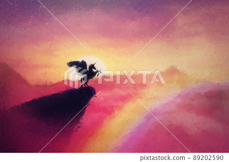 Beautiful pegasus painting, wild winged unicorn silhouette on the edge of a precipice. Fabulous sunset in a pink paradise, magic dreamland scene with a surreal creature over the rainbow Beautiful pegasus painting, wild winged unicorn silhouette on the edge of a precipice. Fabulous sunset in a pink paradise, magic dreamland scene with a surreal creature over the rainbow 89202590