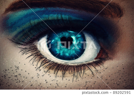 Beautiful painting of human eye closeup with heart shaped pupil and fancy make up with marvelous blue shades. Fine art with abstract textures 89202591