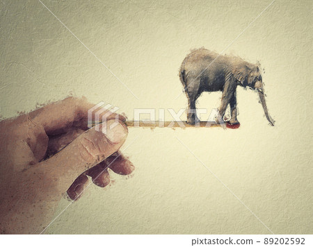 Surreal painting with a tiny elephant balancing on the edge of a matchstick in a person hand. Bizarre concept, endangered animals depends on human behavior 89202592
