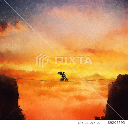 Alluring painting with an adventurer person slacklining on a bicycle over the chasm. Boy dreamer with angel wings on his back take a risk overcoming his fears. Beautiful sunset landscape Alluring painting with an adventurer person slacklining on a bicycle over the chasm. Boy dreamer with angel wings on his back take a risk overcoming his fears. Beautiful sunset landscape 89202593