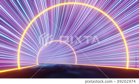 3d render of flash neon and light glowing on dark scene. Speed light tunnel through the city or urban. Technology internet of future network. Sci fiction of hyperspace interstellar travel. 3d render of flash neon and light glowing on dark scene. Speed light tunnel through the city or urban. Technology internet of future network. Sci fiction of hyperspace interstellar travel. 89202974