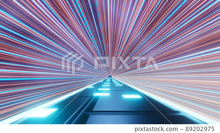 3d render of flash neon and light glowing on dark scene. Speed light tunnel through the city or urban. Technology internet of future network. Sci fiction of hyperspace interstellar travel. 3d render of flash neon and light glowing on dark scene. Speed light tunnel through the city or urban. Technology internet of future network. Sci fiction of hyperspace interstellar travel. 89202975