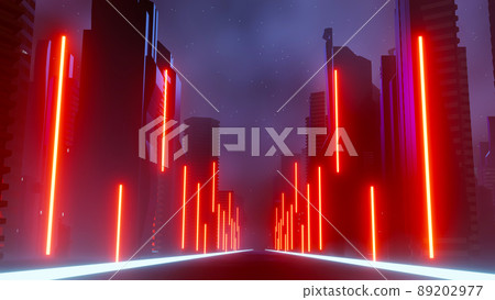 3d render of Cyber punk night city landscape concept. Light glowing on dark scene. Night life. Technology network for 5g. Beyond generation and futuristic of Sci-Fi Capital city and building scene. 89202977