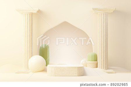 3d Mock up Brown cream podium with Cactus and Sands desert mini theme. Pedestal stage for product and cosmetic presentation. Abstract colorful scene for advertising. Sale promotion background. 89202985
