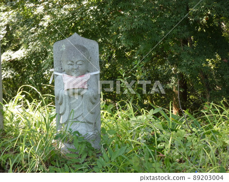 Jizo with a gentle face standing beside the entrance square of the temple Jizo with a gentle face standing beside the entrance square of the temple 89203004