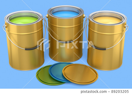 Set of open metal can or buckets of paint with handle on blue background. Set of open metal can or buckets of paint with handle on blue background. 89203205