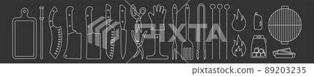 Barbecue, grill tools outline set. Editable stroke. Vector stock illustration isolated on black background for design packaging, logo, menu in restaurant. EPS10 Barbecue, grill tools outline set. Editable stroke. Vector stock illustration isolated on black background for design packaging, logo, menu in restaurant. EPS10 89203235