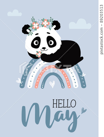 Cute panda with flower wreath on rainbow with clouds. Postcard Hello May. Vector illustration. Spring May card with panda character for design, decor, postcards and print, kids collection. Cute panda with flower wreath on rainbow with clouds. Postcard Hello May. Vector illustration. Spring May card with panda character for design, decor, postcards and print, kids collection. 89203513