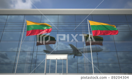 Landing airliner and flags of Lithuania in the airport terminal. 3D rendering Landing airliner and flags of Lithuania in the airport terminal. 3D rendering 89204304