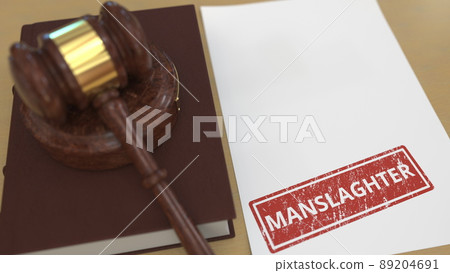 Wooden gavel and MANSLAUGHTER stamp on the paper. Court related 3d rendering 89204691