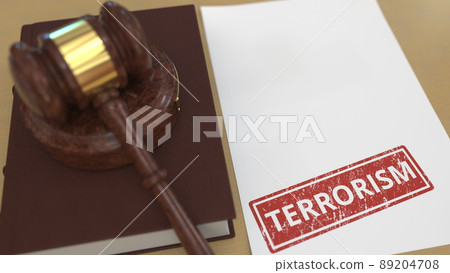 Judge gavel and TERRORISM stamp on the paper. Court related 3d rendering 89204708