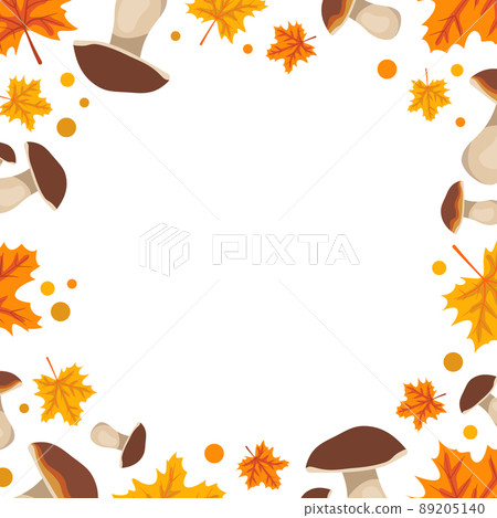 Orange frame with mushrooms and maple leaves. Bright autumn border with gifts of nature with empty place for text 89205140