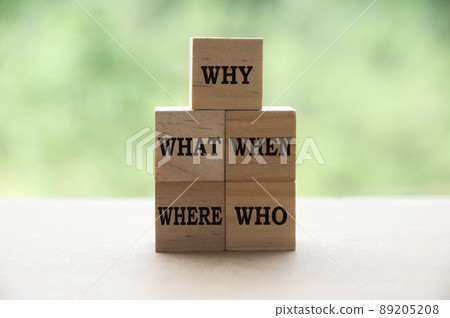 Text on wooden blocks with blurred nature background - Why, What, When Where, Who. 89205208