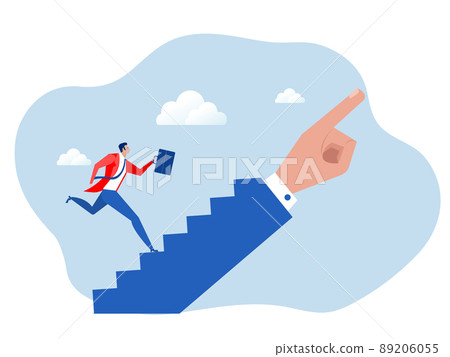 Businessmen run along big hand of leader. Pointing direction competition concept. Business opportunity concept. Businessmen run along big hand of leader. Pointing direction competition concept. Business opportunity concept. 89206055