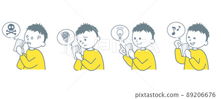 一組操作智能手機的孩子的面部表情 89206676