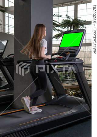 Woman length young indoors treadmill profile full running female, from workout attractive in caucasian for adult sporty, sportswoman together. White legs home, 89206792