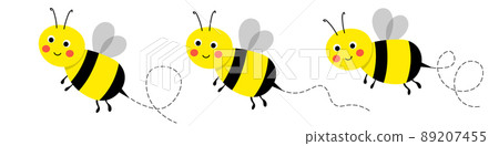 Set of cartoon bee mascot. A small bees flying on a dotted route. Wasp collection. Vector characters. Incest icon. Template design for invitation, cards. Doodle style Set of cartoon bee mascot. A small bees flying on a dotted route. Wasp collection. Vector characters. Incest icon. Template design for invitation, cards. Doodle style 89207455