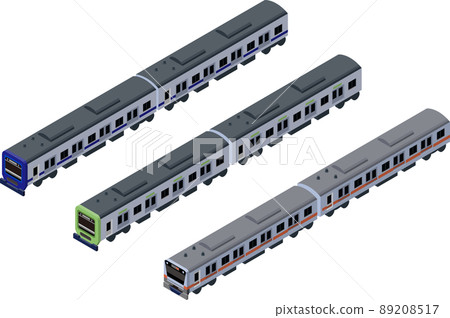 Illustration set of three-dimensional isometric style trains of orange, yellow-green and blue trains, no main line. 89208517