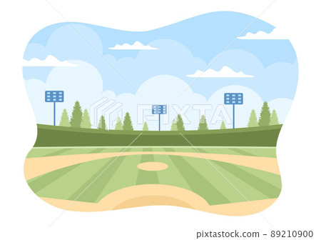Baseball Player Sports Throwing, Catching or Hitting a Ball with Bats and Gloves Wearing Uniform on Court Stadium in Flat Cartoon Illustration 89210900