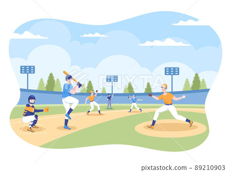 Baseball Player Sports Throwing, Catching or Hitting a Ball with Bats and Gloves Wearing Uniform on Court Stadium in Flat Cartoon Illustration Baseball Player Sports Throwing, Catching or Hitting a Ball with Bats and Gloves Wearing Uniform on Court Stadium in Flat Cartoon Illustration 89210903