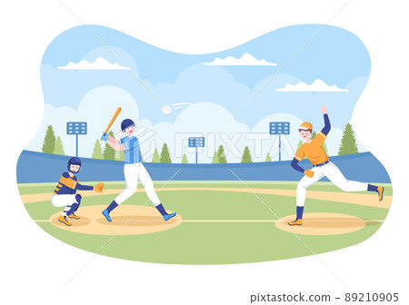 Baseball Player Sports Throwing, Catching or Hitting a Ball with Bats and Gloves Wearing Uniform on Court Stadium in Flat Cartoon Illustration 89210905