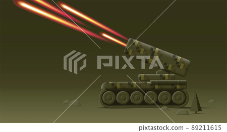Missile tank fire rockets on the battle field, 3d modern vector illustration 89211615