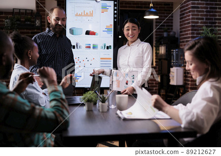 Startup business people talking and smiling at the end of late night sales meeting in corporate office. Marketing team casually discussing marketing strategy in front of wall screen tv with charts. 89212627