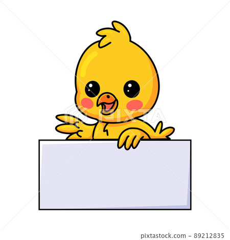 Cute little yellow chick cartoon with blank sign	 89212835