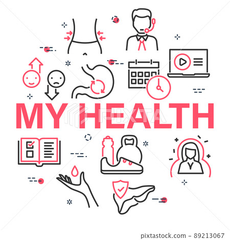 Health care circular vector banner. Linear medical and body care icons 89213067