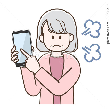 Illustration of a senior woman pointing at a smartphone and getting angry Illustration of a senior woman pointing at a smartphone and getting angry 89213493