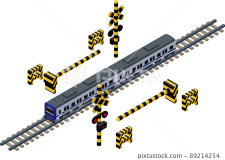 Isometric illustration of a three-dimensional blue train running on a railroad track and a barrier. 89214254