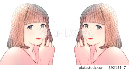 一個微笑的年輕女子的彩色插圖,頭髮為波波頭,沒有背景,衣服 = 紅色,對稱套裝 一個微笑的年輕女子的彩色插圖,頭髮為波波頭,沒有背景,衣服 = 紅色,對稱套裝 89215147