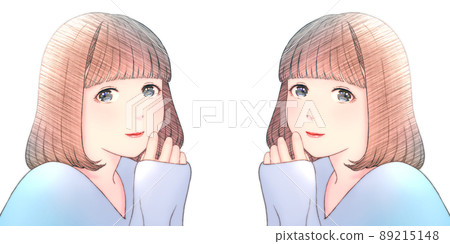 一個微笑的年輕女子的彩色插圖，頭髮為波波頭，沒有背景，衣服 = 藍色，對稱套裝 89215148