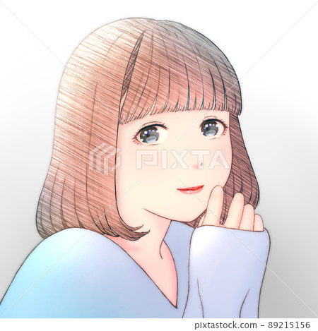 一個微笑的年輕女子的彩色插圖,頭髮為波波頭衣服 = 藍色左右倒置版本 一個微笑的年輕女子的彩色插圖,頭髮為波波頭衣服 = 藍色左右倒置版本 89215156