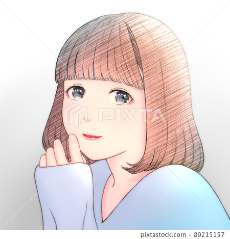 一個微笑的年輕女子的彩色插圖,頭髮為波波頭衣服 = 藍色 一個微笑的年輕女子的彩色插圖,頭髮為波波頭衣服 = 藍色 89215157