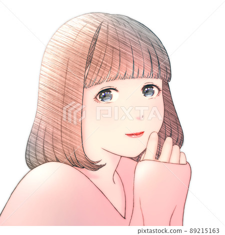 一個微笑的年輕女子的彩色插圖,頭髮是波波頭,沒有背景,衣服 = 紅色,左右倒置版本 一個微笑的年輕女子的彩色插圖,頭髮是波波頭,沒有背景,衣服 = 紅色,左右倒置版本 89215163