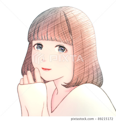 一個微笑的年輕女子的彩色插圖，頭髮是波波頭，沒有背景，衣服 = 乳白色 89215172
