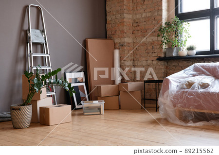 Horizontal no people shot of empty loft living room in modern apartment with boxes, sofa and ladder 89215562