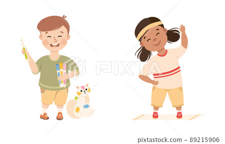 Obedient and Naughty Boy and Girl with Felt Pen Painting Cat and Doing Physical Exercise Vector Set 89215906