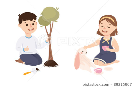 Obedient Girl and Boy with Good Breeding Planting Tree Sapling and Playing Toy Tea Vector Set 89215907