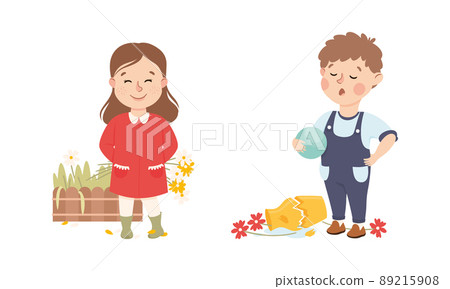 Little Boy and Girl with Bad and Naughty Behavior Near Broken Vase and Deflowered Garden Bed Vector Set 89215908