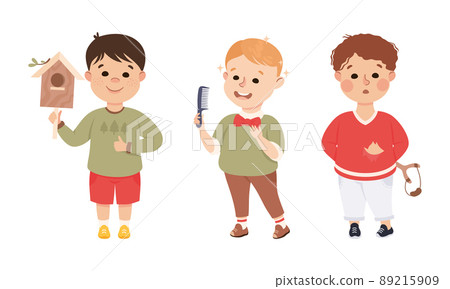 Obedient and Naughty Boy with Nesting Box and Forked Stick Vector Set 89215909