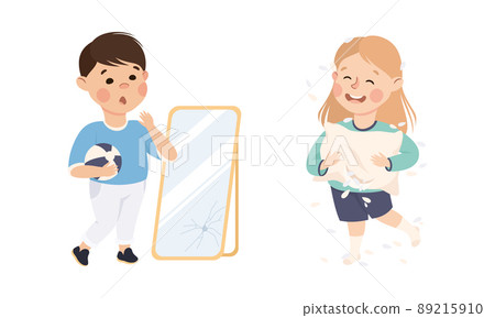 Naughty kids set. Boy broken mirror with ball, girl fighting with pillow cartoon vector illustration 89215910