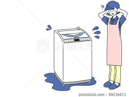 A woman suffering from water leaks in the washing machine A woman suffering from water leaks in the washing machine 89216811