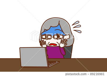 An elderly woman who is pale and impatient due to trouble with computer work 89216981