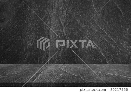 Empty black marble table top with black stone wall texture background 89217366