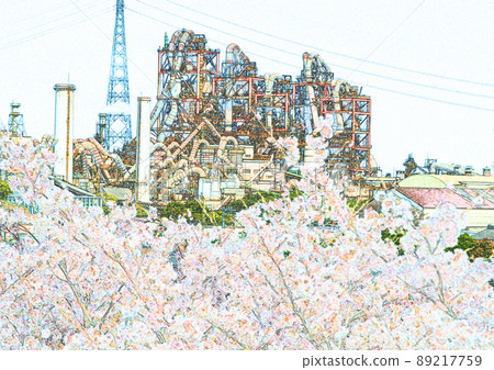 A distant view of the seaside factory from Mukoyama Park, a famous cherry blossom spot in Kanda Town, Fukuoka Prefecture 89217759
