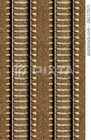 Seamless railroad Pattern, backdrop with space for text. Top view. Shiny iron rails and concrete sleepers, coupled with powerful bolts on stony ground, fortified rubble overgrown with weeds green Seamless railroad Pattern, backdrop with space for text. Top view. Shiny iron rails and concrete sleepers, coupled with powerful bolts on stony ground, fortified rubble overgrown with weeds green 89217821
