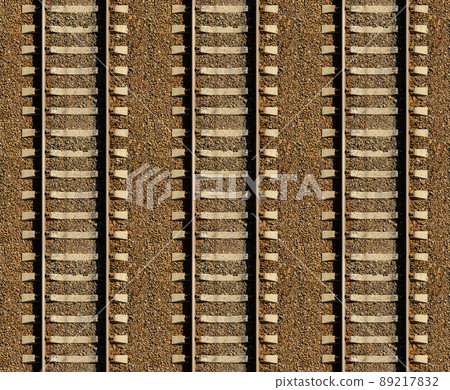 Seamless railroad Pattern, backdrop with space for text. Top view. Shiny iron rails and concrete sleepers, coupled with powerful bolts on stony ground, fortified rubble overgrown with weeds green Seamless railroad Pattern, backdrop with space for text. Top view. Shiny iron rails and concrete sleepers, coupled with powerful bolts on stony ground, fortified rubble overgrown with weeds green 89217832